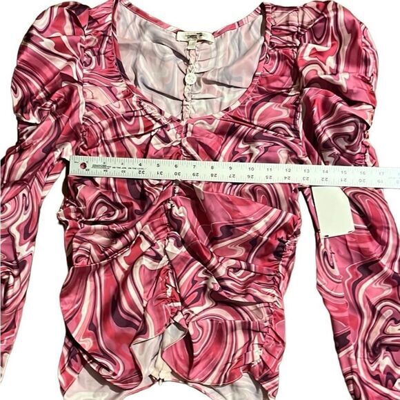Wayf Topanga Top Size 8 Terracotta Swirls Silky Ruched Sleeve Front Back New - Picture 6 of 14